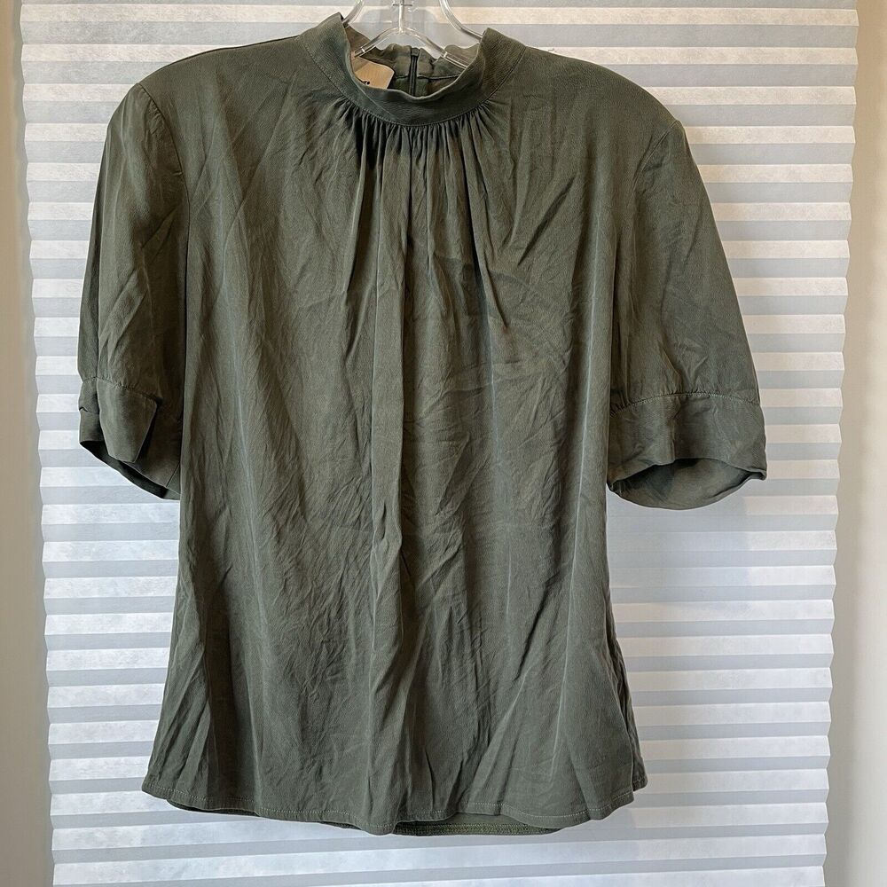 Kerber Green Blouse Chic mock neck, zip closure back, short sleeve, size 36/US S